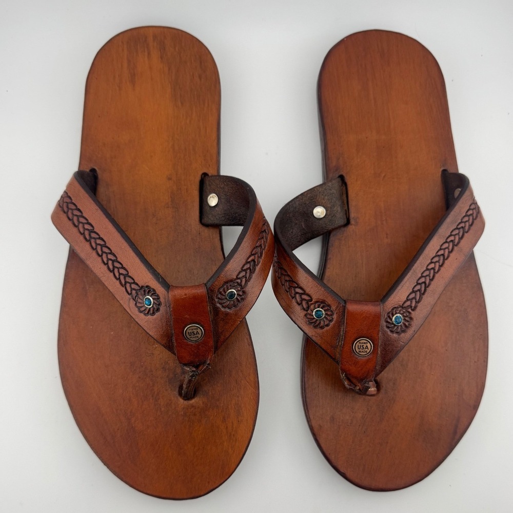 Don J. Heisler Handmade Leather Flip Flop Sandals Brown Tooled Western‎ Size 9
